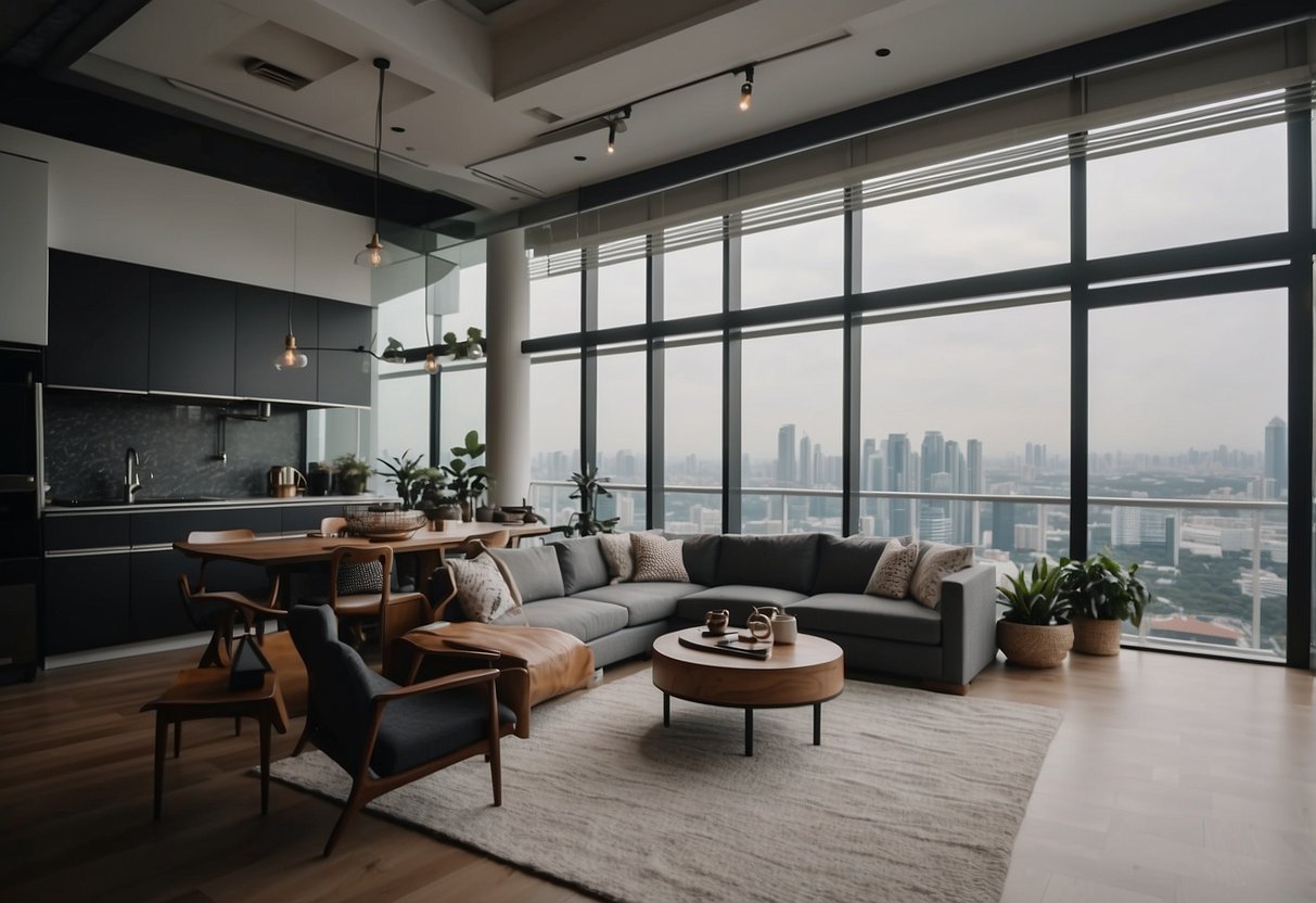 A modern loft in Singapore furnished with sleek, minimalist furniture and a panoramic city view