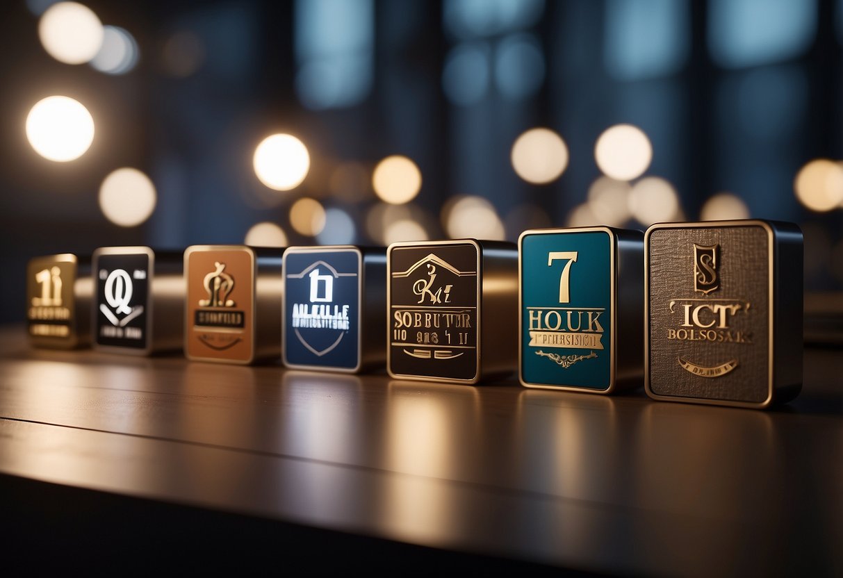 A stack of stylish furniture logos, surrounded by question marks and a spotlight