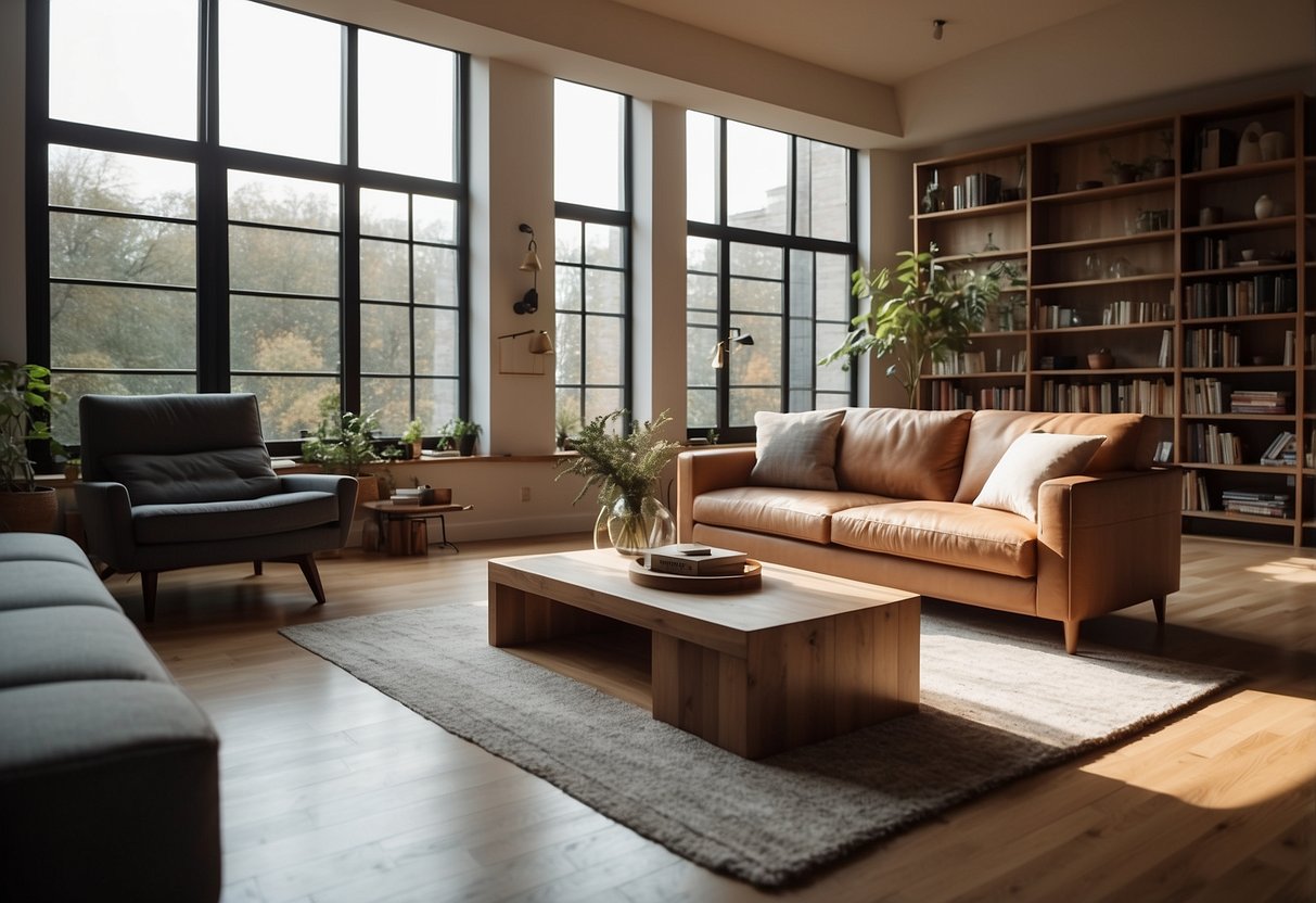 A cozy loft space with modern furniture essentials like a sleek sofa, minimalist coffee table, and stylish bookshelf. Natural light streams in through large windows, creating a warm and inviting atmosphere