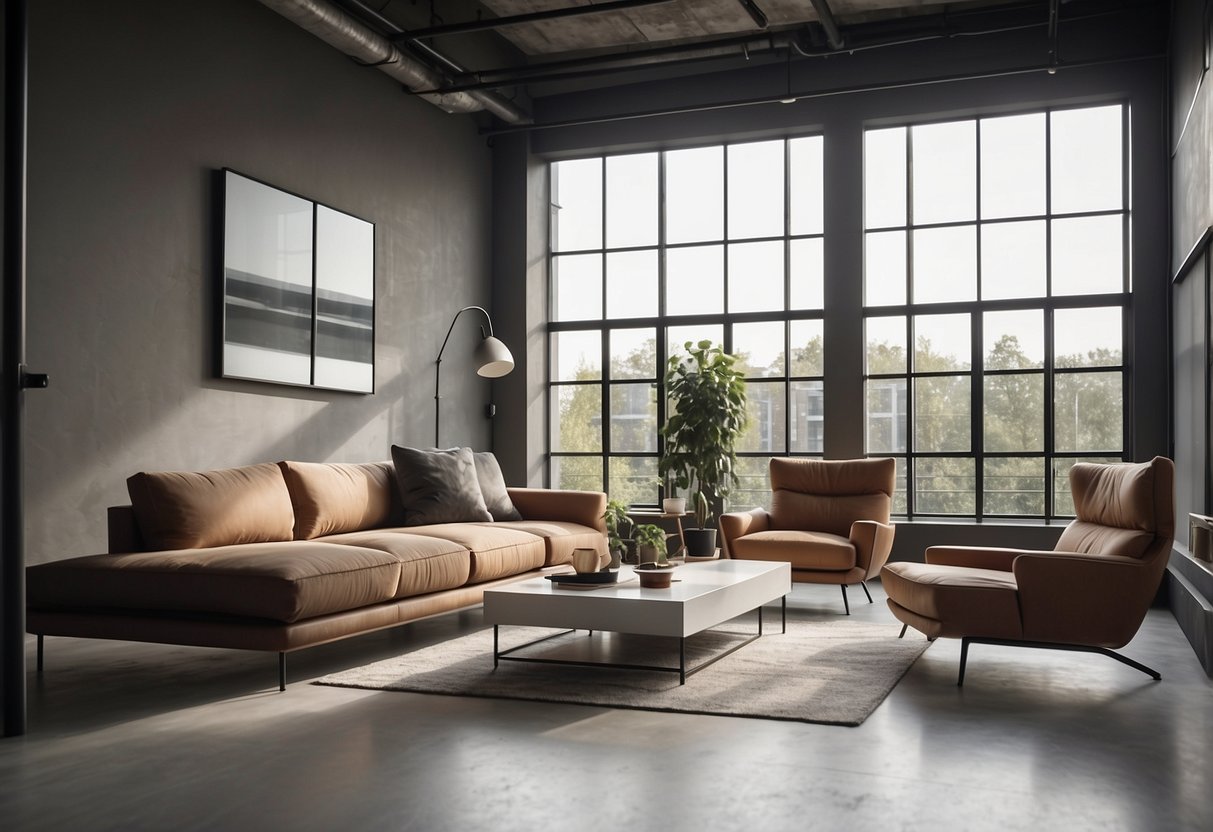 A modern loft with sleek furniture, clean lines, and a minimalist design. The space is well-lit with large windows, showcasing the stylish and functional pieces