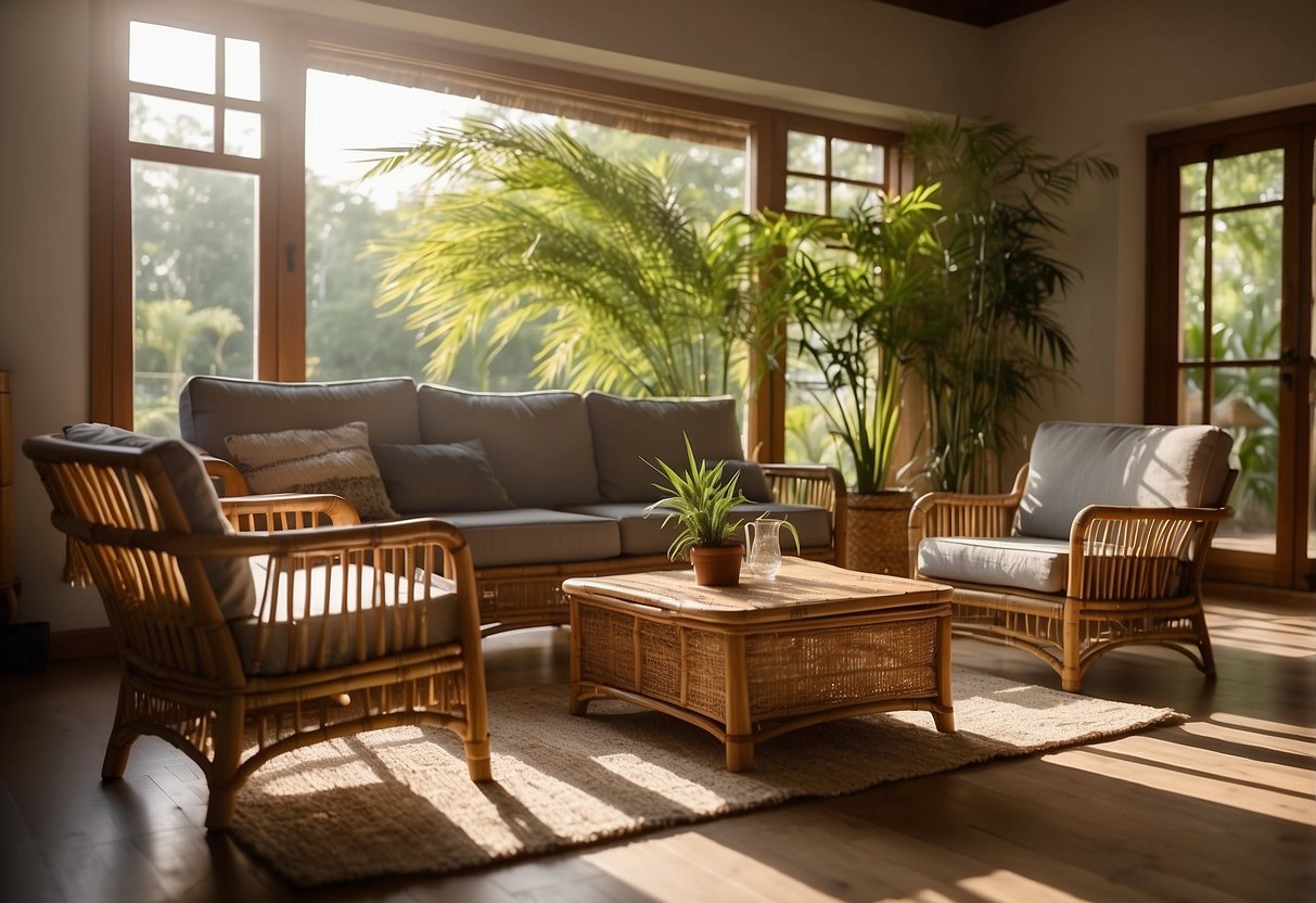 A cozy living room with bamboo and rattan furniture arranged around a low table. Sunlight filters through the window, casting warm shadows on the natural materials