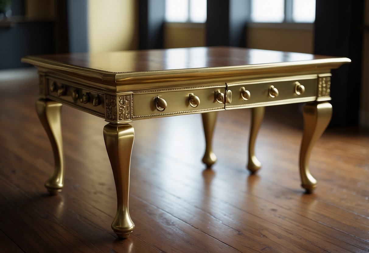 A table with shiny metal drawer pulls and hinges, surrounded by chairs with decorative brass feet