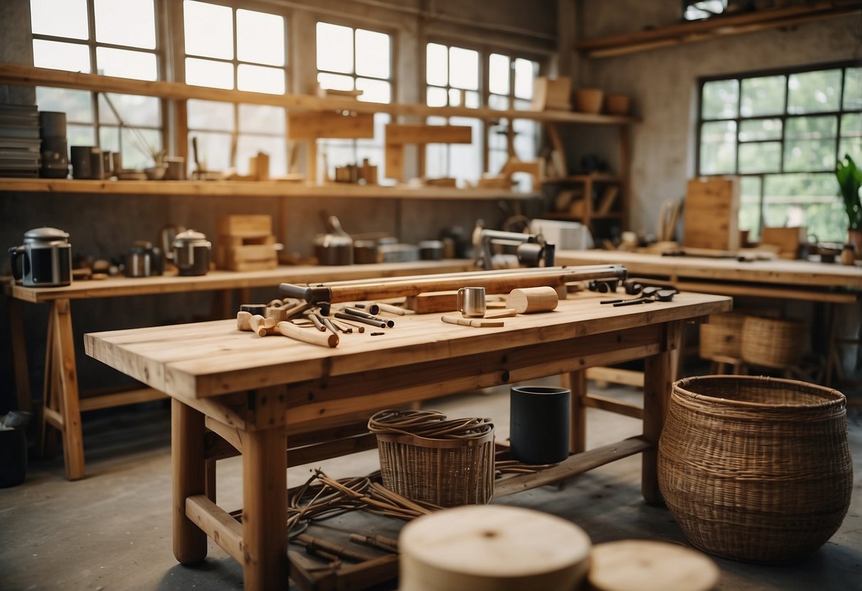 A cozy workshop with bamboo and rattan furniture in various stages of construction, tools scattered across workbenches