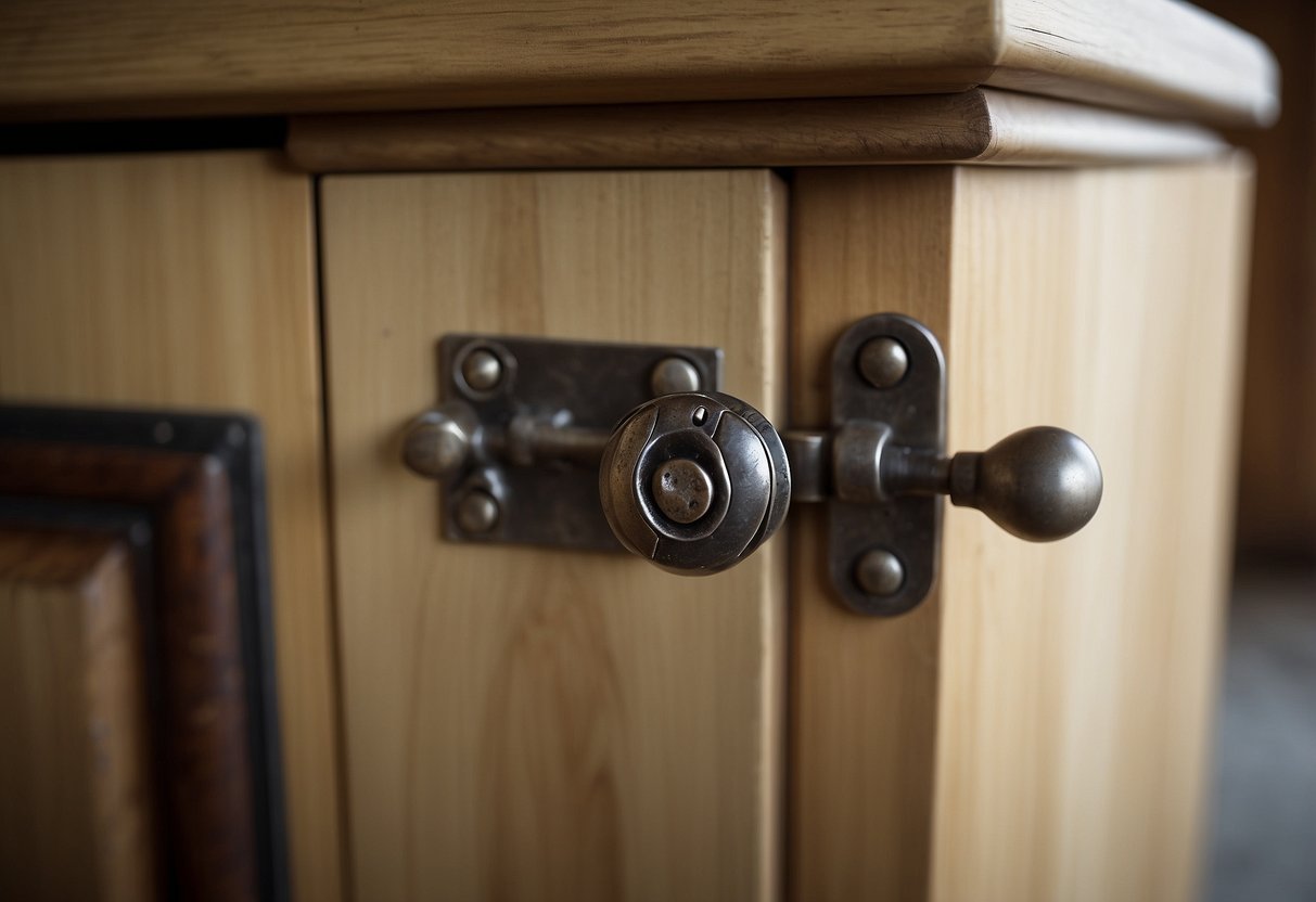A table leg screws into a metal bracket. A drawer pull attaches to a wooden dresser. A hinge connects a cabinet door to its frame