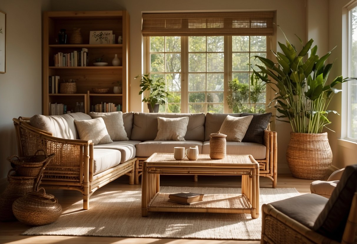 A cozy living room with bamboo and rattan furniture, including a sofa, coffee table, and bookshelf. Sunlight streams in through the window, casting warm shadows on the natural, earthy tones of the furnishings