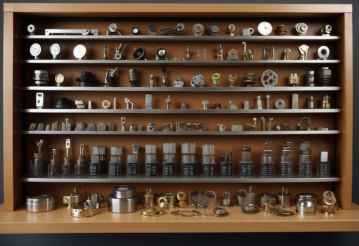 A display of various furniture hardware items arranged neatly on a shelf, with labels and price tags for easy identification