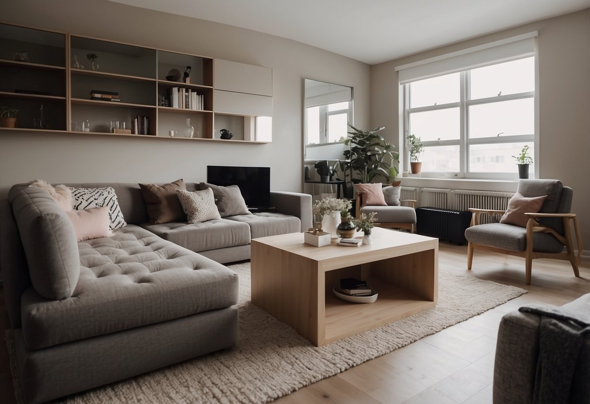 A cozy living room with a plush sofa, a coffee table, and a bookshelf. A modern dining area with a sleek table and chairs. A bedroom with a comfortable bed, nightstands, and a dresser