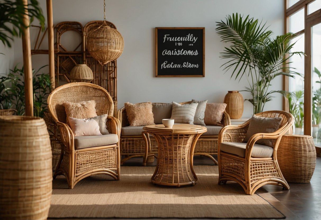 A display of bamboo and rattan furniture with a sign reading "Frequently Asked Questions" in a well-lit showroom