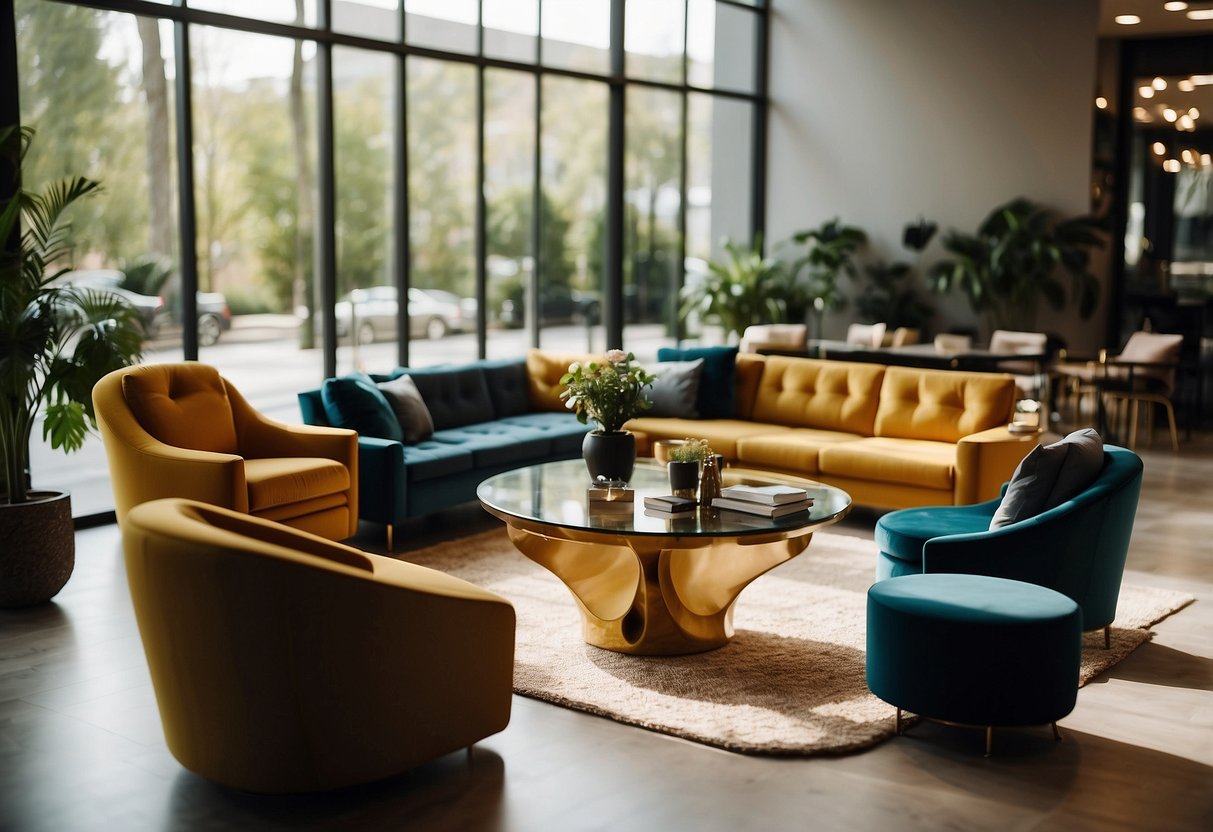 A showroom with modern furniture displays arranged in a spacious, well-lit setting. Rich textures and vibrant colors create an inviting atmosphere