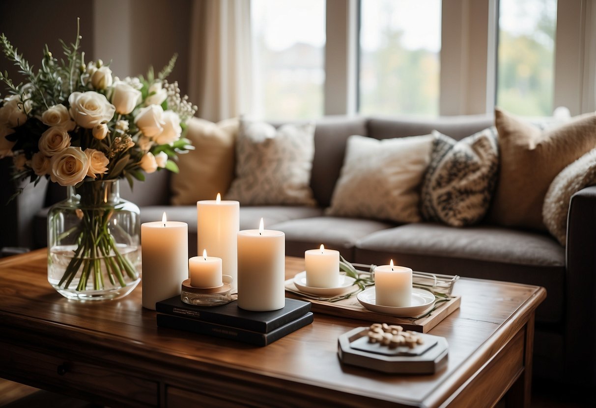 A cozy living room with a plush sofa, decorative throw pillows, and a stylish coffee table adorned with elegant vases and candles. The room is brightened by natural light streaming in through large windows, creating a warm and inviting atmosphere