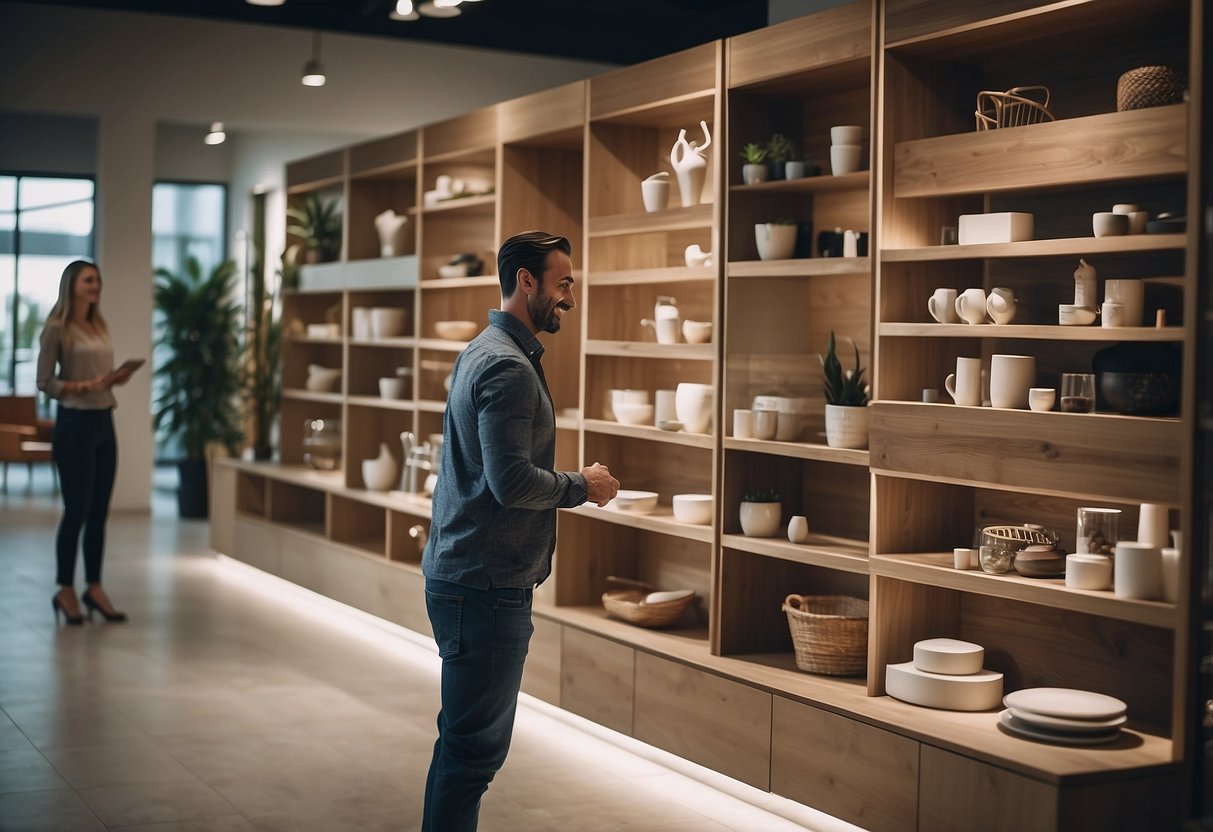 A customer browsing through a showroom of modern furniture, with shelves neatly organized and a friendly staff member ready to assist