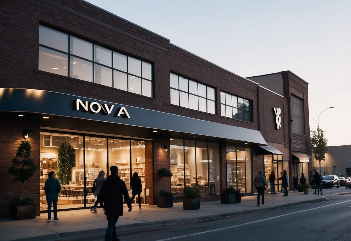 People exploring Nova Furniture locations. Show multiple store fronts with bright signage and large windows. Customers entering and browsing