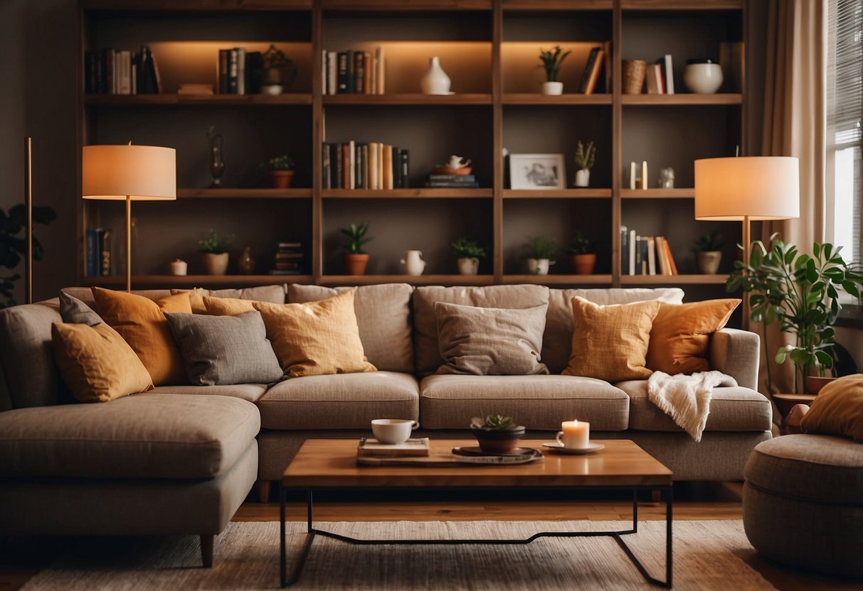 A cozy living room with a comfortable sofa, coffee table, and bookshelf. Soft lighting and warm colors create a welcoming atmosphere