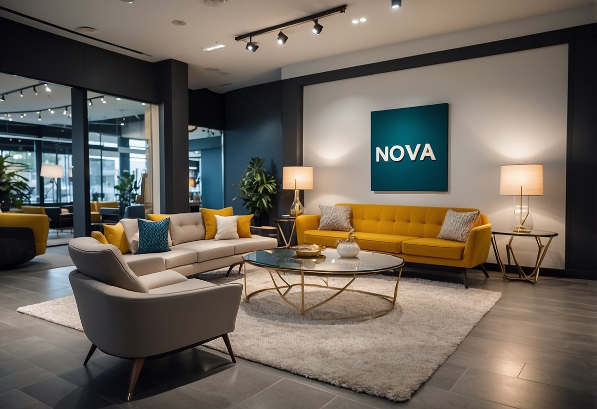 A modern showroom with sleek furniture displays, bright lighting, and a welcoming ambiance. The Nova Furniture logo prominently displayed at the entrance