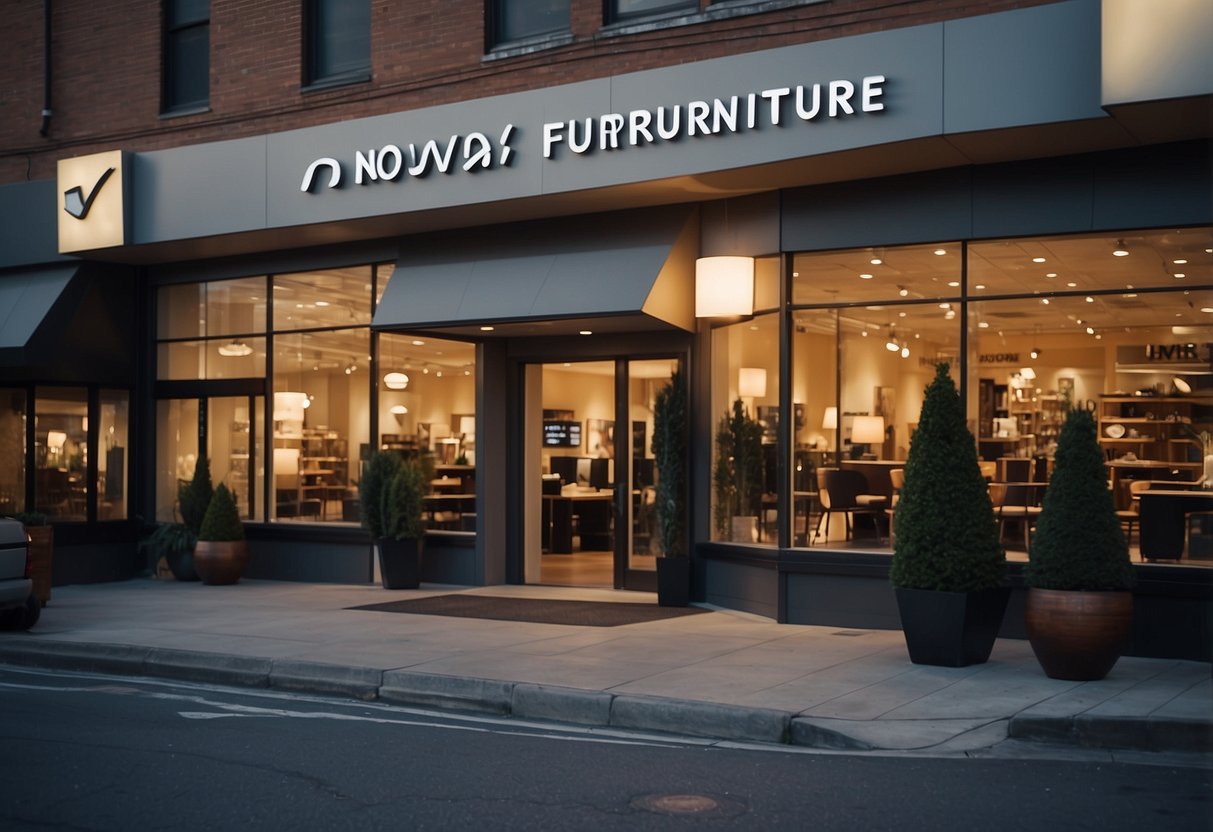 The storefront of Nova Furniture, with a prominent sign and large windows displaying various pieces of furniture. A small crowd of customers can be seen entering and exiting the store