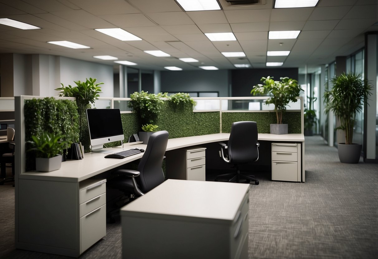 The office furniture is all matching, with sleek desks and ergonomic chairs. The color scheme is neutral, with pops of green plants and modern lighting