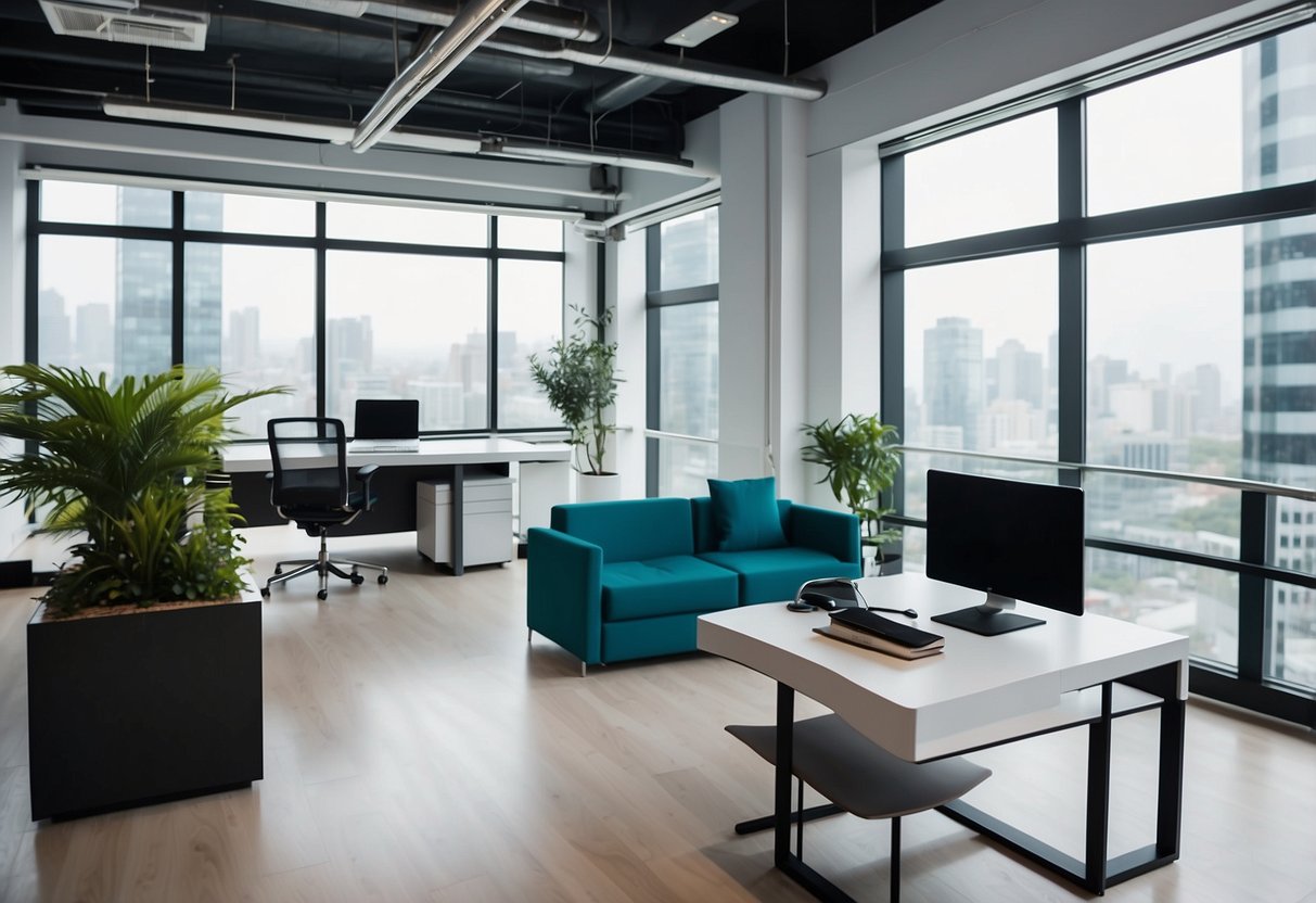 A modern office space with matching furniture and decor, featuring a cohesive color scheme and clean lines