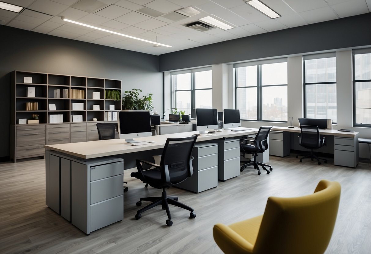 A clean, modern office with sleek desks, ergonomic chairs, and coordinating storage units. The color scheme is neutral with pops of vibrant accents, creating a professional yet inviting atmosphere
