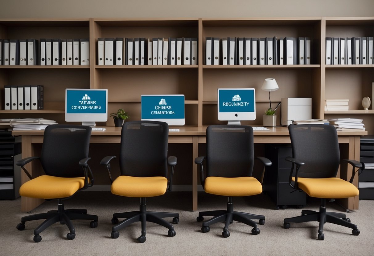 A row of office chairs facing a desk with a computer, surrounded by shelves of binders and files. A sign above reads "Frequently Asked Questions."