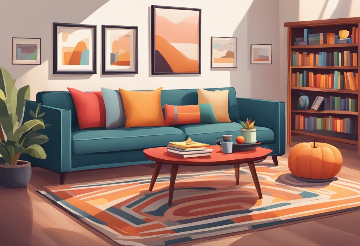 A cozy living room with red apple furniture, including a plush sofa, a sleek coffee table, and a bookshelf filled with colorful books