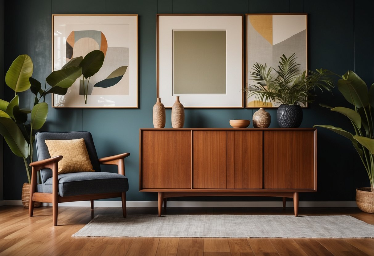 A sleek teak sideboard sits against a geometric wallpaper backdrop, flanked by a vintage armchair and a minimalist coffee table in a well-lit mid century living room in Singapore