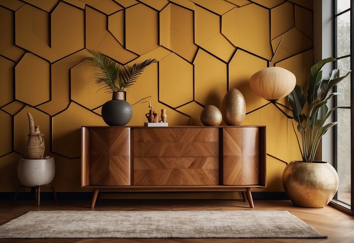 A sleek, teak wood sideboard sits against a geometric-patterned wallpaper. A vintage, egg-shaped chair in mustard velvet complements the clean lines of a teak coffee table