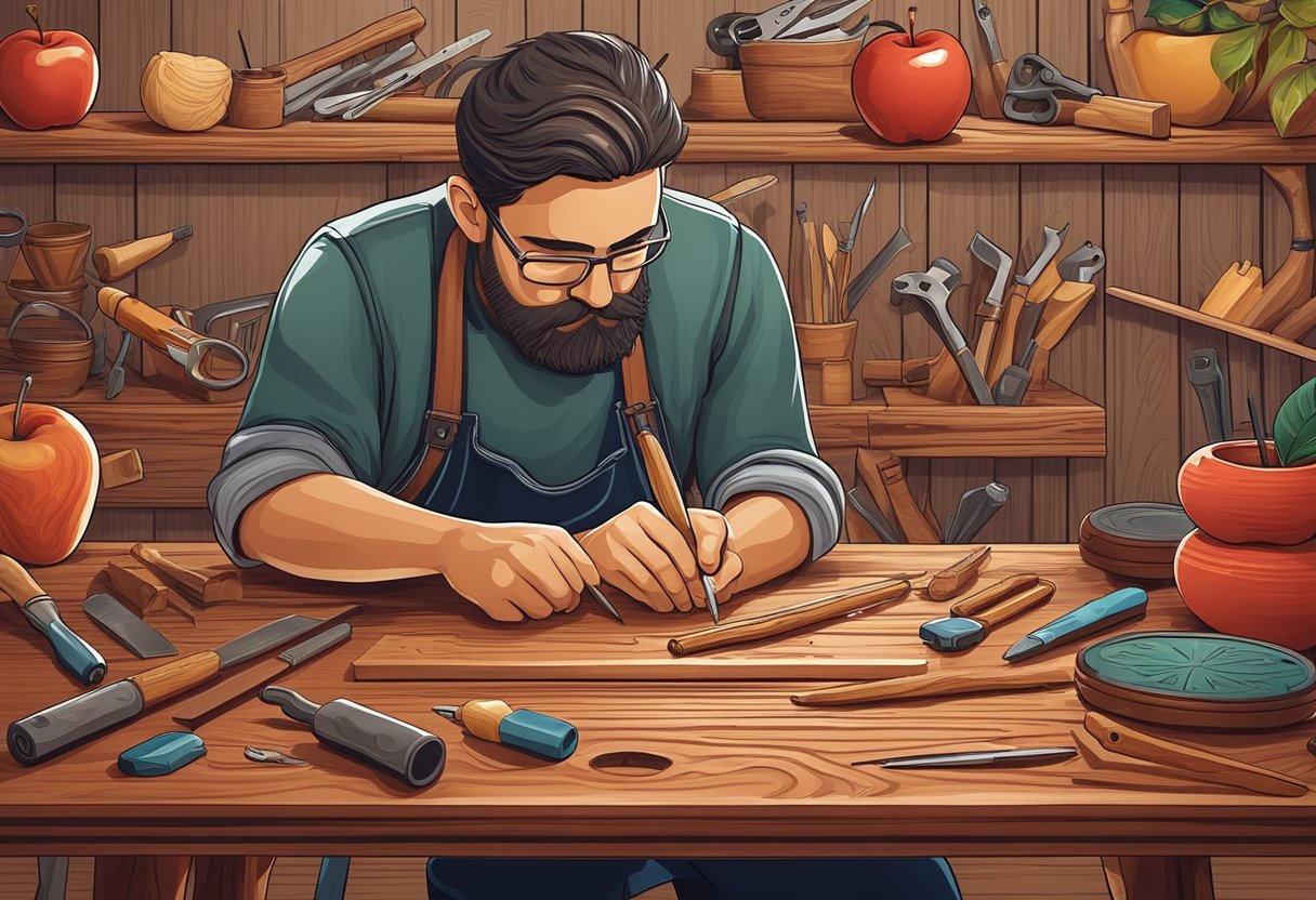 A craftsman carefully carves intricate designs into a red apple wood table, surrounded by various tools and materials for customisation