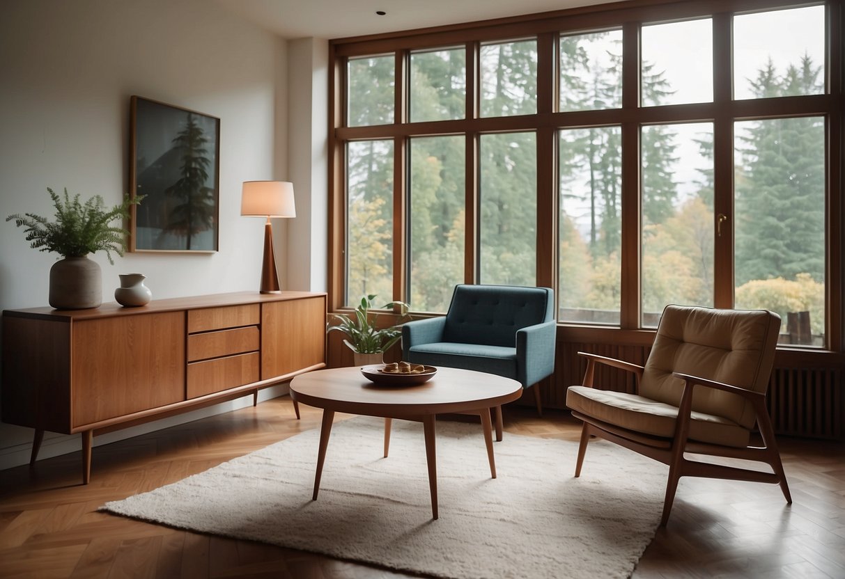 A cozy living room with a sleek teak sideboard, a retro armchair, and a minimalist coffee table. Large windows let in natural light, showcasing the timeless mid-century furniture