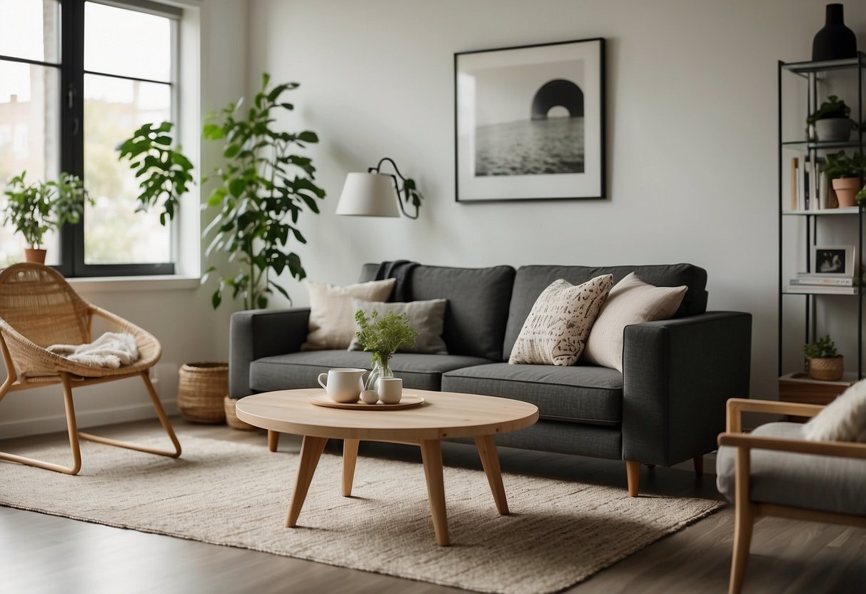 A well-lit room with modern, sleek furniture from IKEA. A cozy couch, a stylish coffee table, and a minimalist bookshelf create a welcoming and functional space