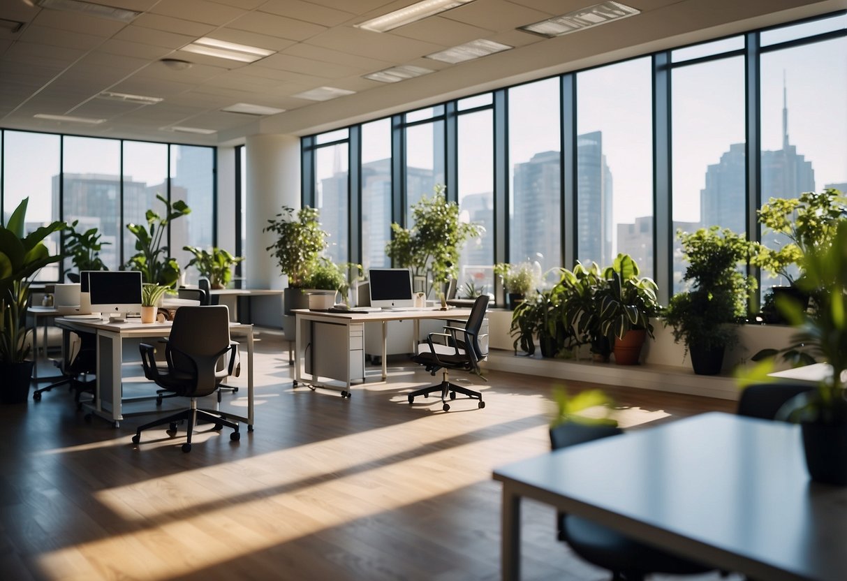 An open office layout with modern desks, ergonomic chairs, and sleek filing cabinets. Brightly lit with large windows and plants scattered throughout the space