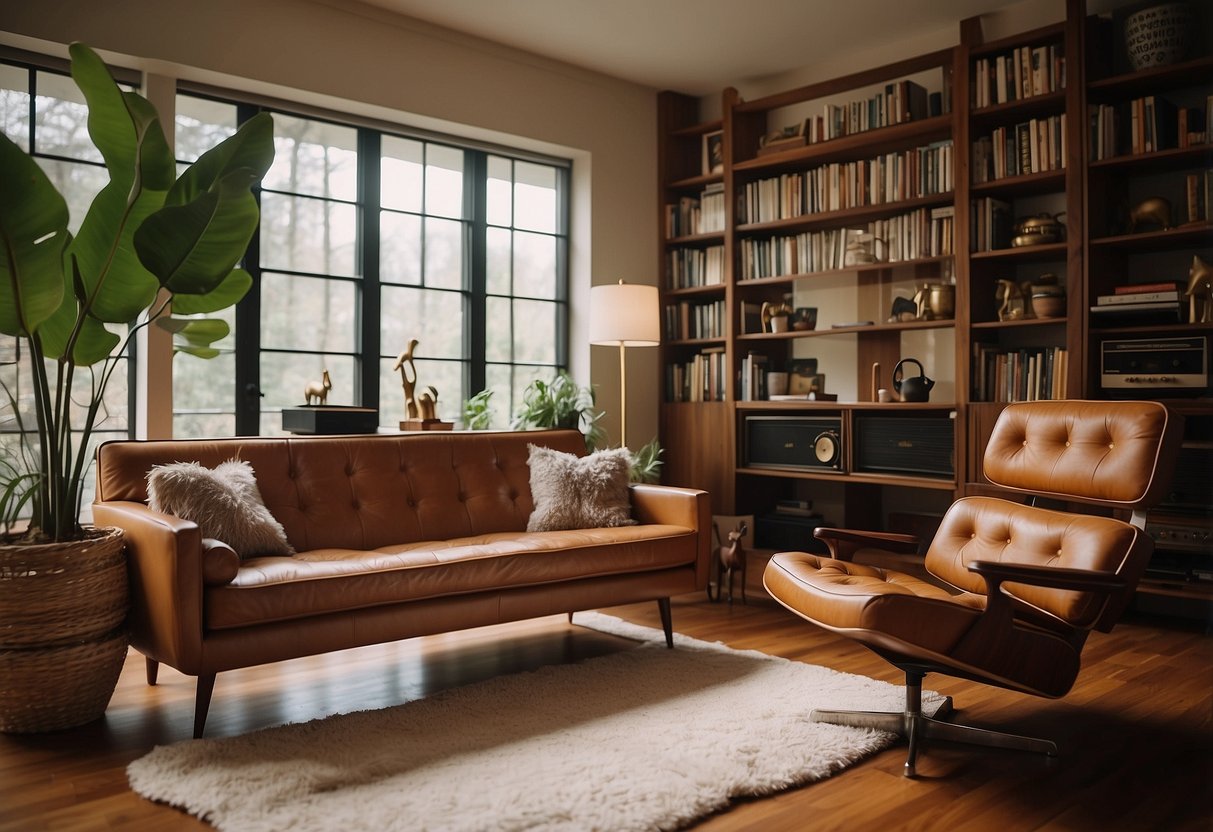 A room with mid-century furniture, including a sleek sofa, a vintage coffee table, and a statement armchair. A bookshelf filled with retro decor and a record player complete the scene