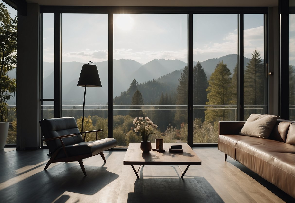 A minimalist living room with sleek, modern furniture and a large window overlooking a serene landscape