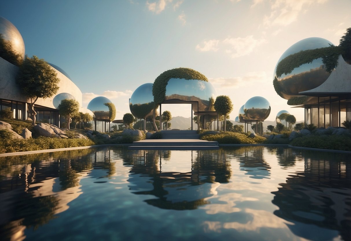 A room with furniture fading into a dreamy, abstract landscape of floating islands and surreal architecture