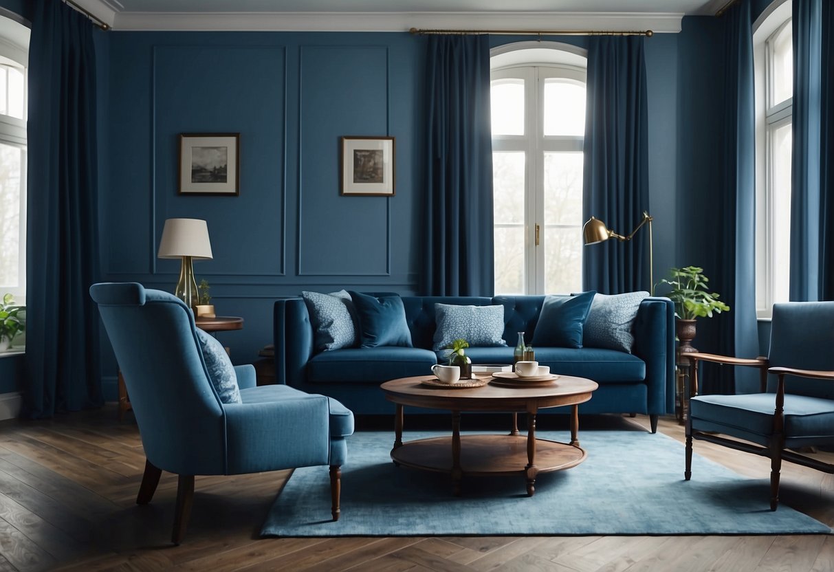 A room with blue furniture, including a sofa, armchair, and coffee table. The walls are painted a light shade of blue, and there are blue curtains on the windows