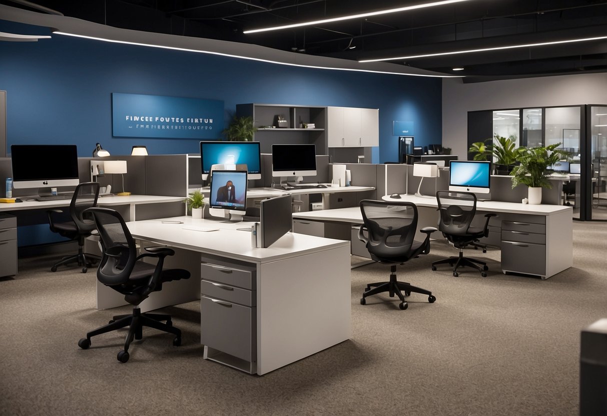 Employees browse modern desks, chairs, and storage options at Office Furniture Solutions showroom. Bright lighting and sleek designs create a professional atmosphere