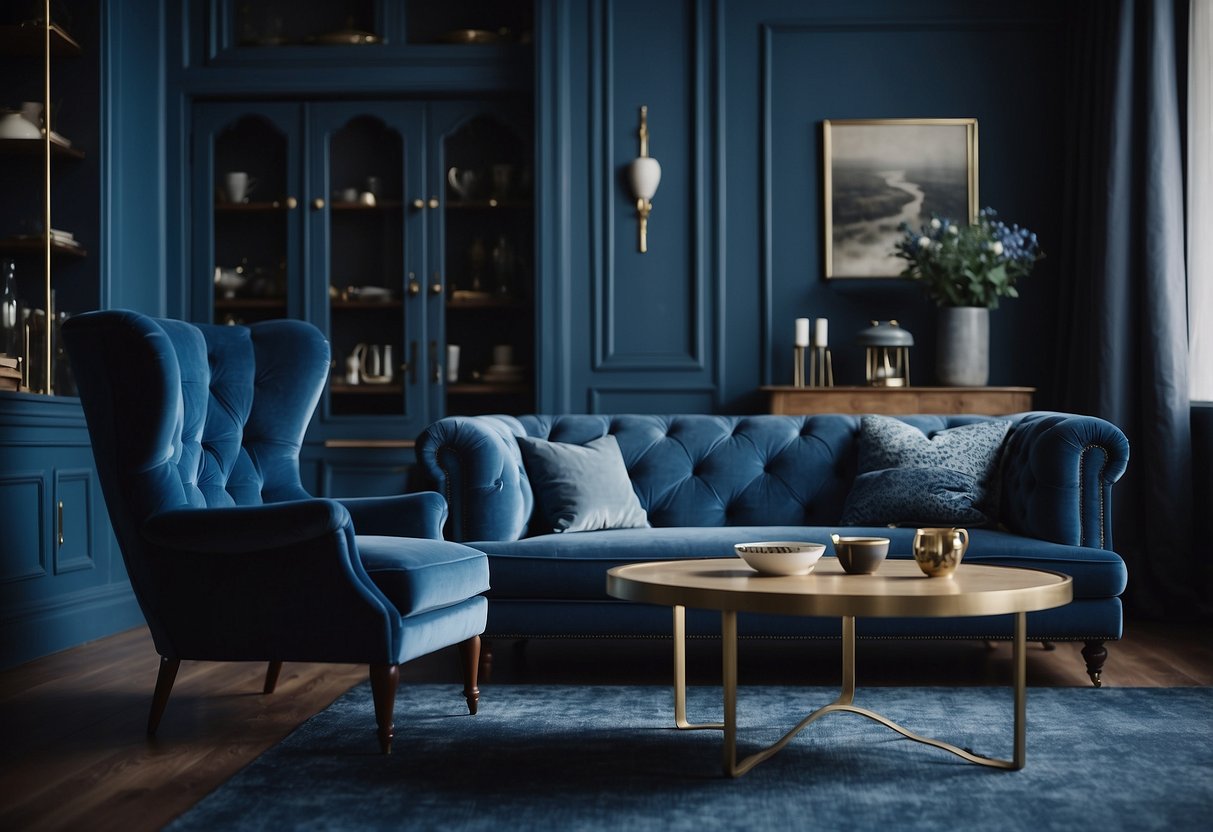 A room filled with various shades of blue furniture, including a velvet sofa, a sleek coffee table, and a vintage armchair
