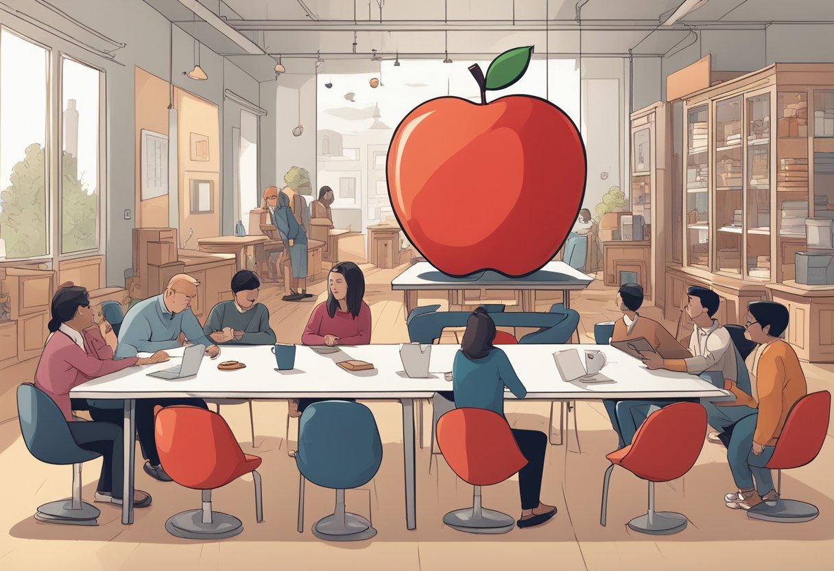 A red apple-shaped chair and table set surrounded by curious customers with question marks floating above their heads