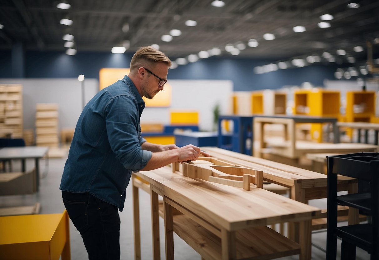 A person browsing through various IKEA furniture options, comparing dimensions and styles to find the perfect fit for their space