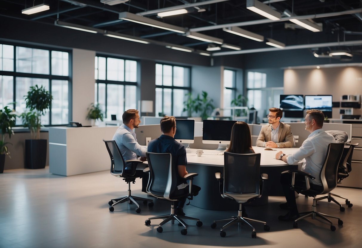 Employees discussing designs, testing ergonomic chairs, and inspecting modern workstations in a spacious showroom