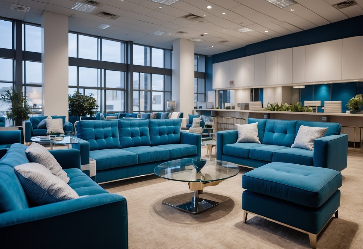 A spacious showroom with various shades of blue furniture displayed neatly, including sofas, chairs, and tables. Bright lighting highlights the vibrant blue hues, creating an inviting and stylish atmosphere
