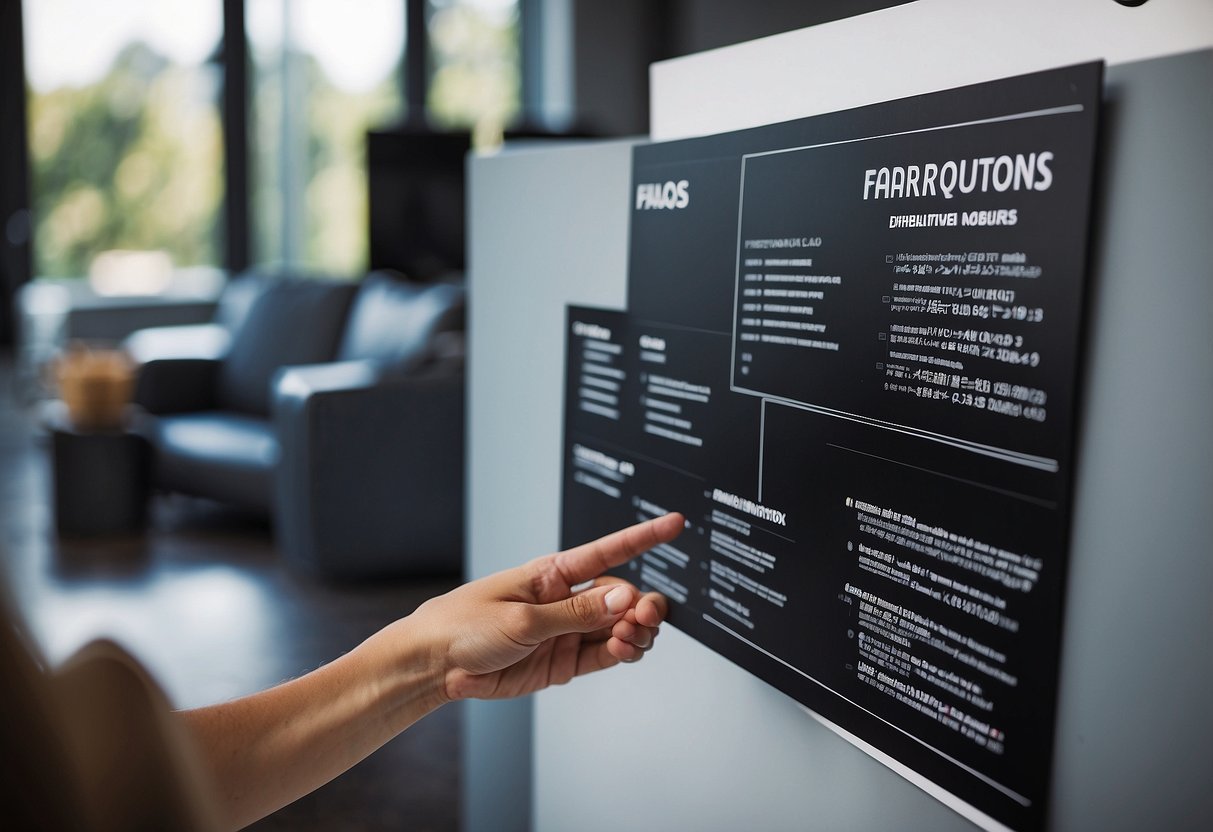 A stack of brochures, a computer screen with a list of questions, and a person pointing to a sign that says "FAQs" on a wall