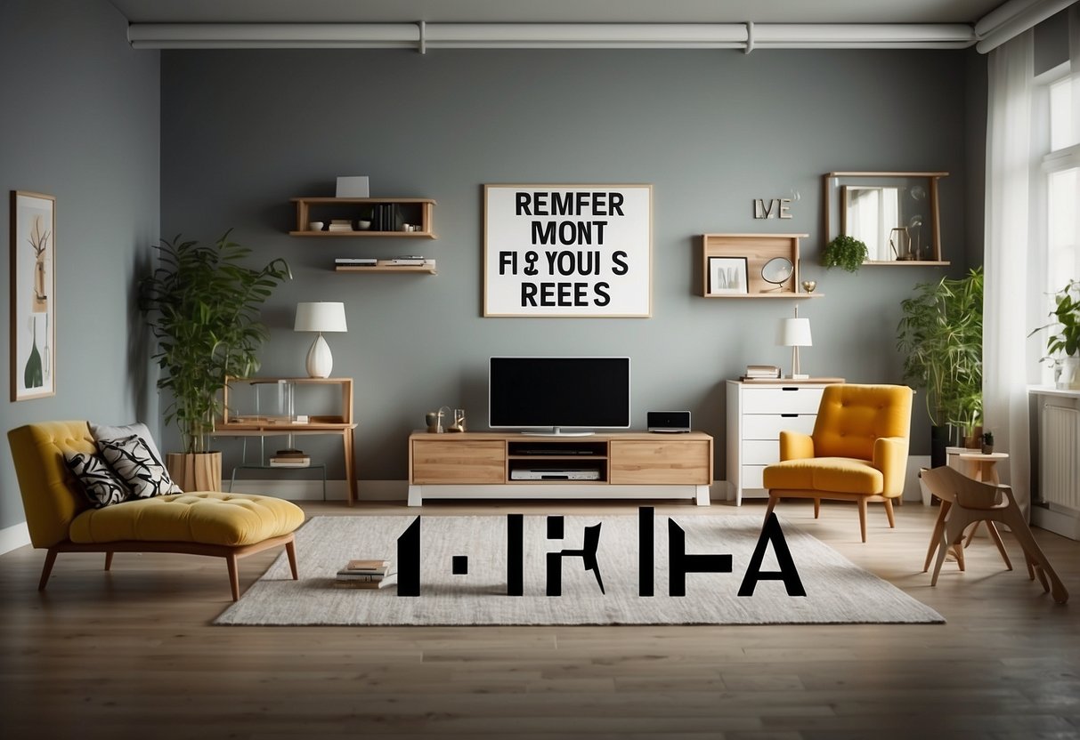 A room with various IKEA furniture pieces arranged neatly, with a sign reading "Frequently Asked Questions" displayed prominently