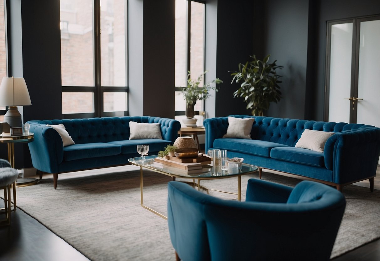 A room with blue furniture, including a sofa, chairs, and a coffee table. The furniture is arranged neatly, with a sense of symmetry and balance