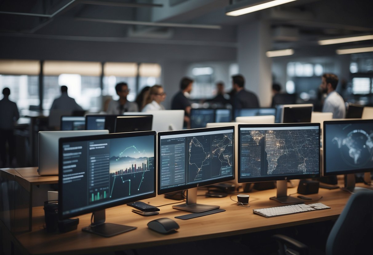 A busy office with employees consulting FAQs, surrounded by modern furniture and computer screens