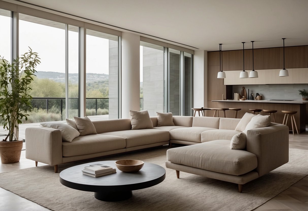 A modern living room with sleek, minimalist furniture designed by MOS Architects. Clean lines, neutral colors, and functional pieces create a serene and stylish space