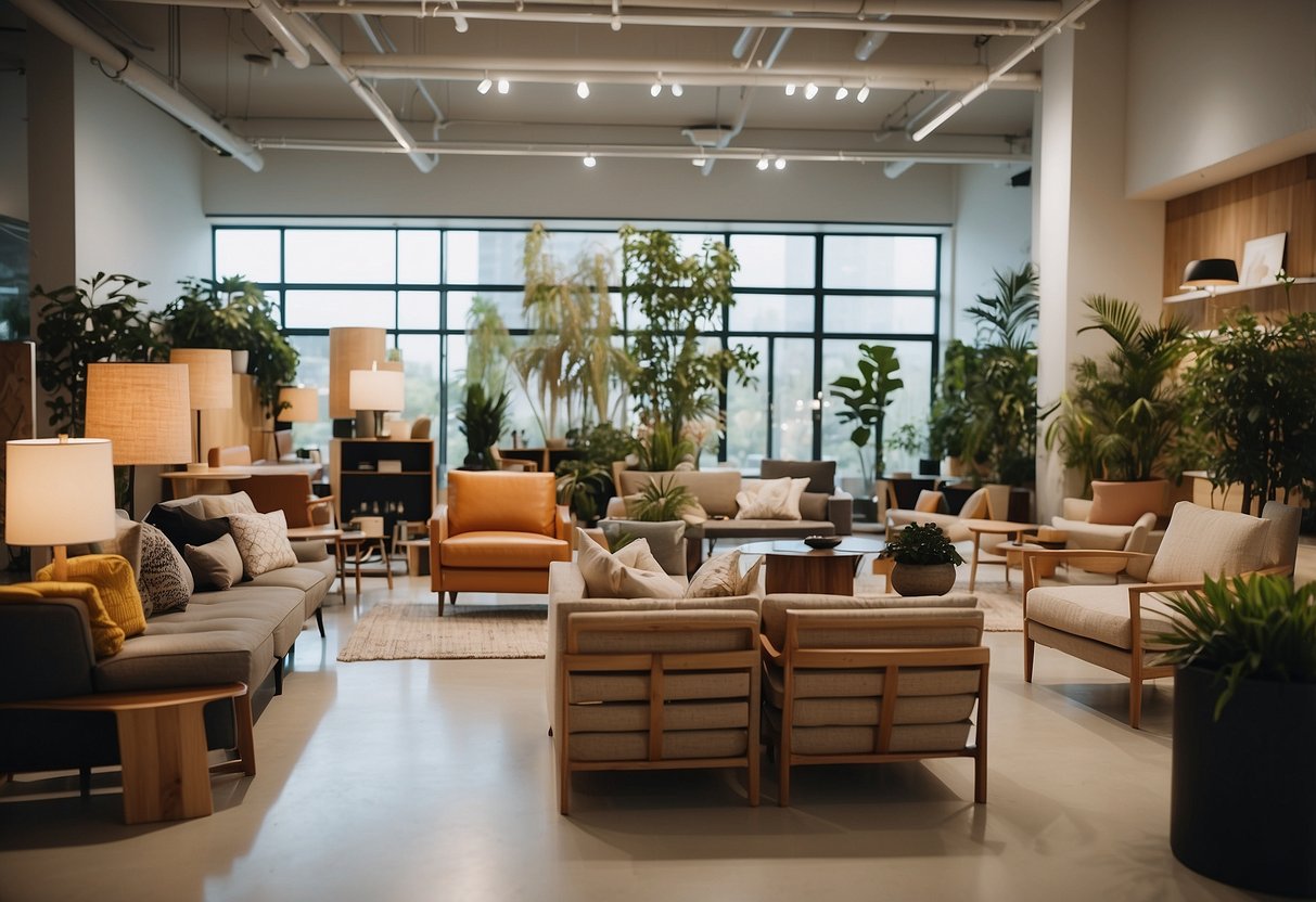 A modern, eco-friendly furniture showroom with a diverse community engaging in discussions and workshops on sustainability