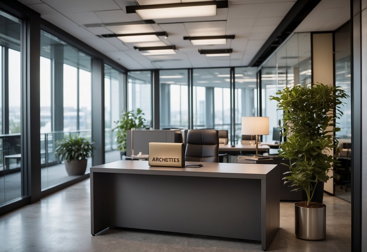 A modern office setting with sleek furniture and a prominently displayed "Frequently Asked Questions" sign for MOS Architects