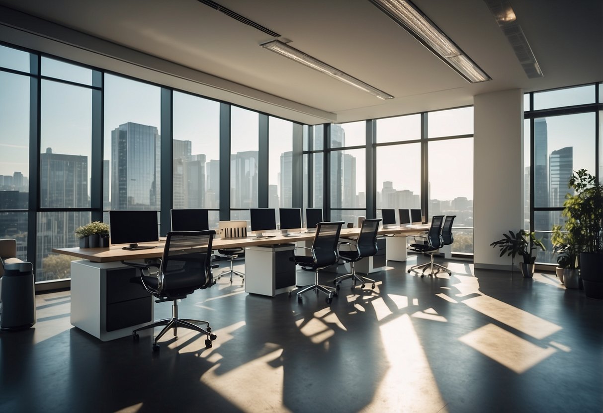 A modern office with sleek, ergonomic chairs arranged around stylish desks, illuminated by natural light from large windows