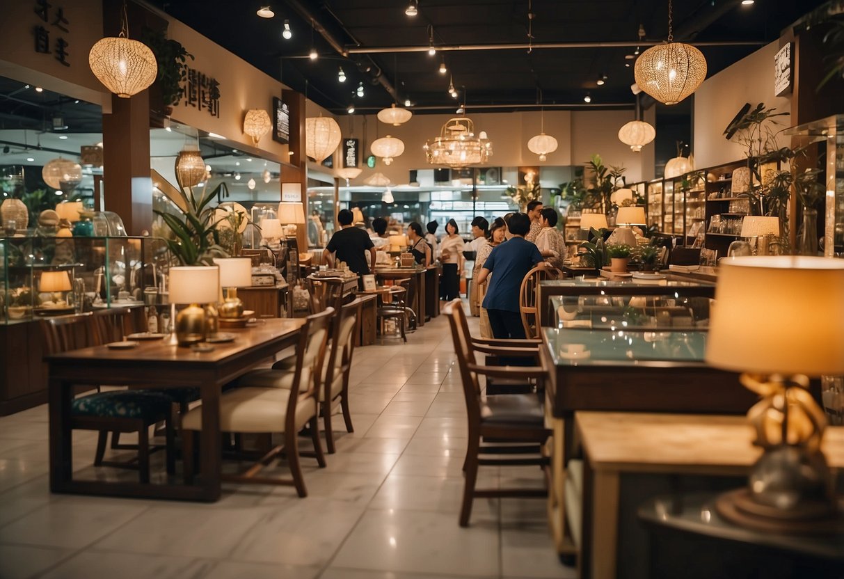 Tan Boon Liat furniture shops bustling with customers and colorful displays