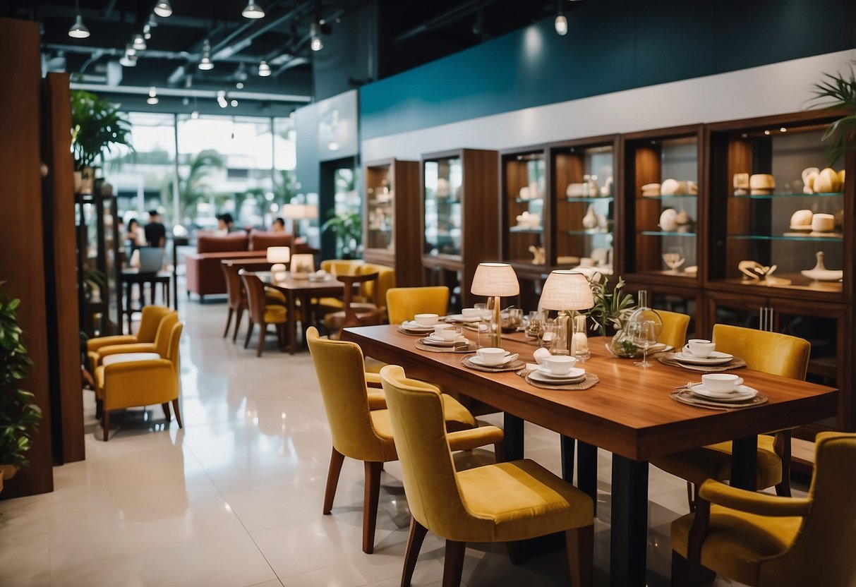 A bustling furniture shop in Yishun, with rows of polished wooden tables and chairs, vibrant fabric sofas, and gleaming display cabinets